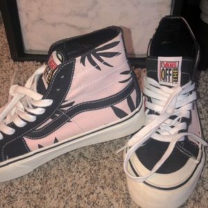 pink black and white high top vans